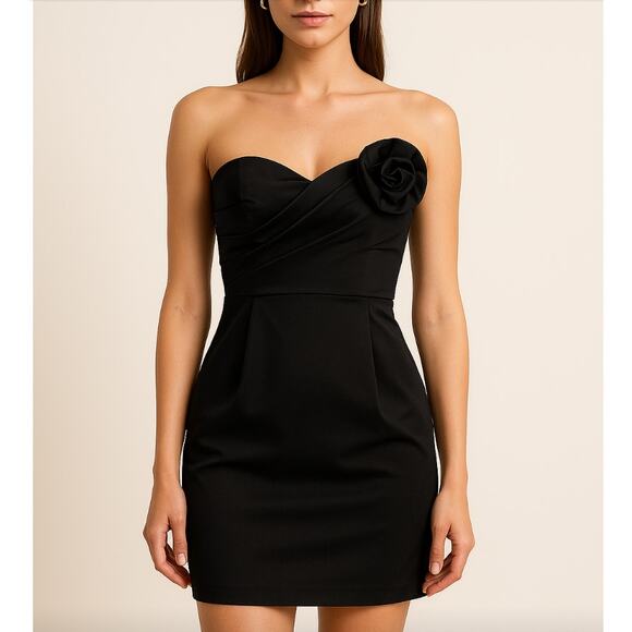 CR Signature Y2K Black Strapless Party Dress Mini Length Rosette Bow Size S - Picture 1 of 8